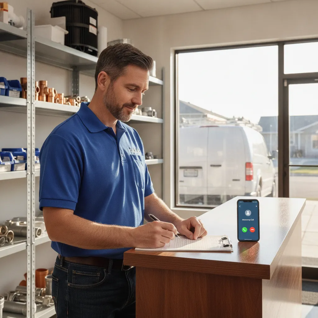 Service shop owner writing up a work order at the counter while an AI voice agent handles the incoming call on his phone