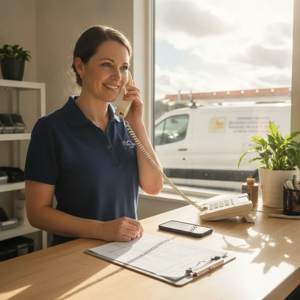 Service business owner answering a call at a bright shop counter, an example of call handling services in action