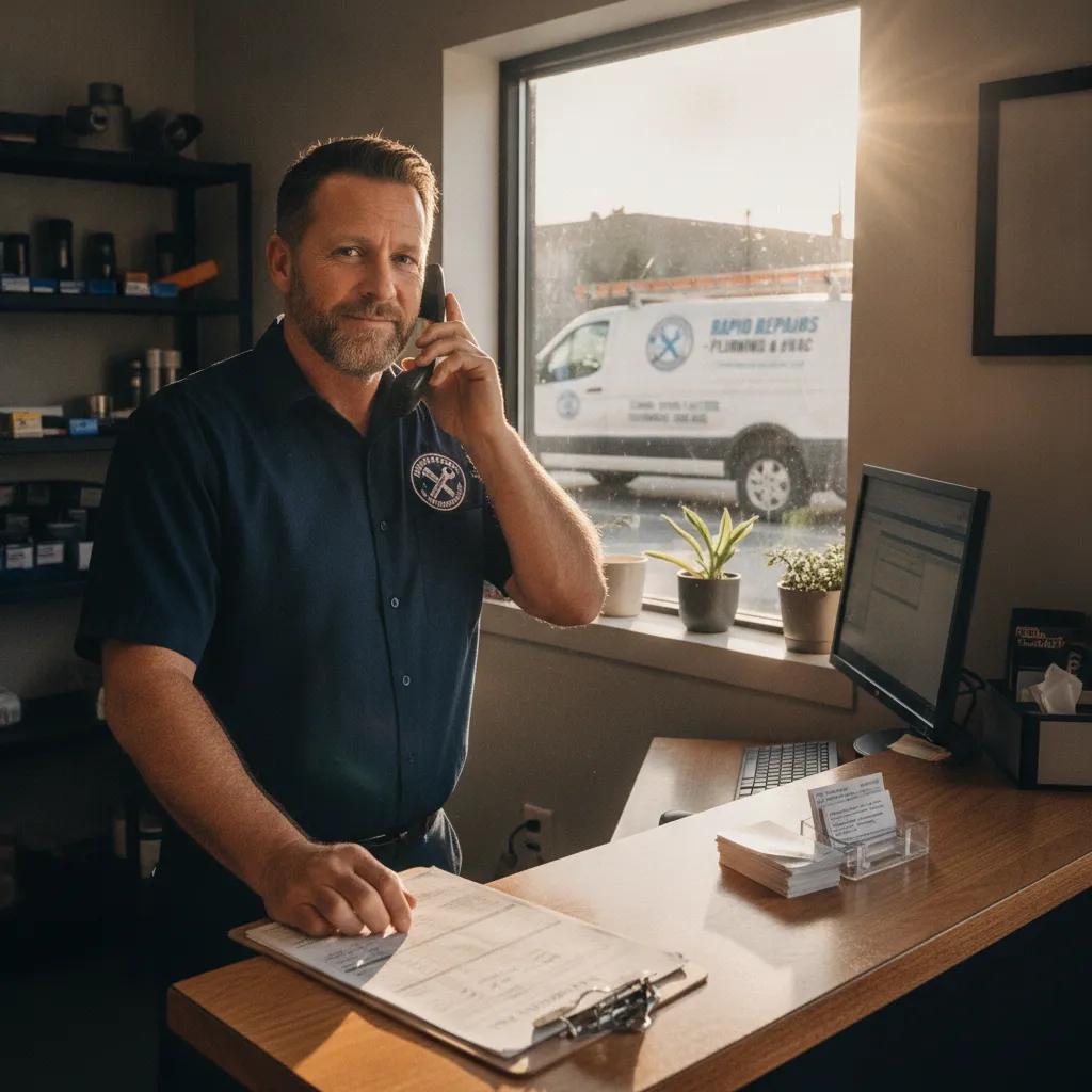 Shop owner on the phone at a service counter, the kind of call a live telephone answering service takes after hours