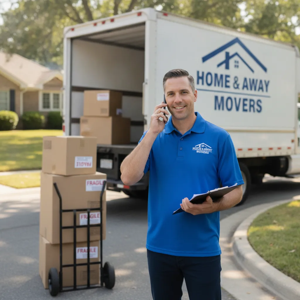 Moving company dispatcher answers the phone beside a loaded moving truck on a sunny morning β moving company intake script
