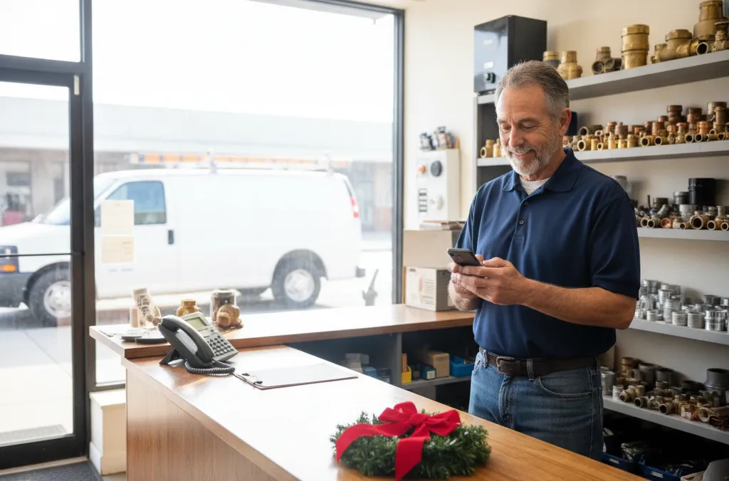 Plumbing and HVAC shop owner at his service counter setting an out of office message for holiday closures on his phone before closing up